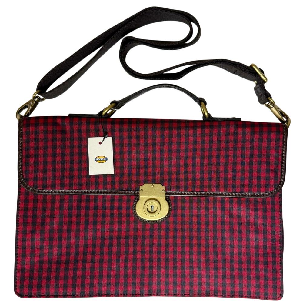 New FOSSIL Canvas Messenger Laptop Travel Business Bag Red Black Gingham Check